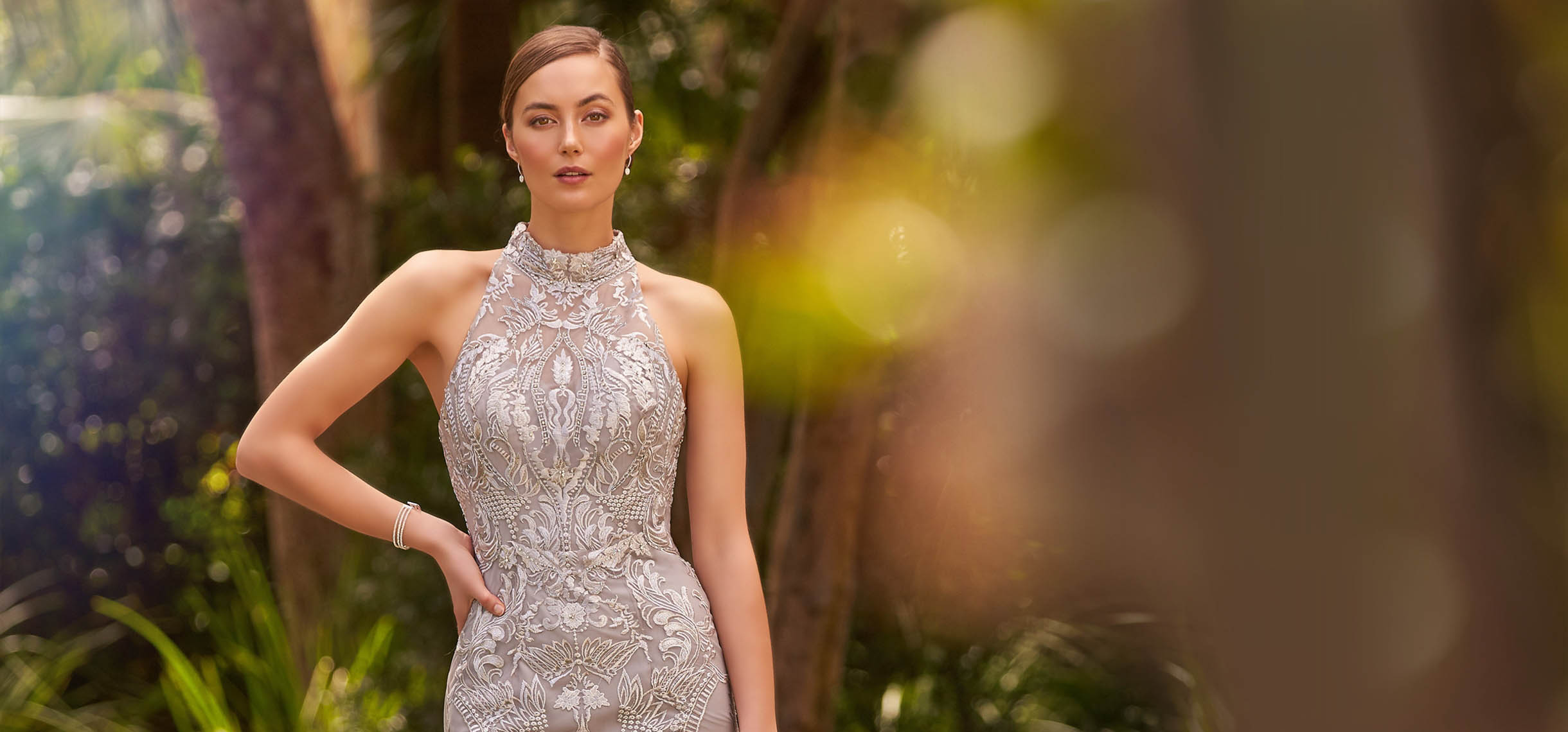 Model wearing a silver gown